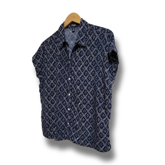 🌿Chaps Women's Small Blue White Print Cap Sleeve Box Style Summer Shirt - Picture 4 of 12